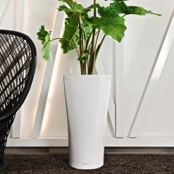 LECHUZA Delta Premium 40, Weiß Hochglanz, All-in-One-Set, Ø 40 Cm, H:75 Cm